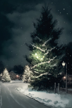 Illustration of a winter road with a Christmas tree and snowflakesの素材