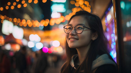young beautiful asian hipster woman in eyeglasses at nightの素材
