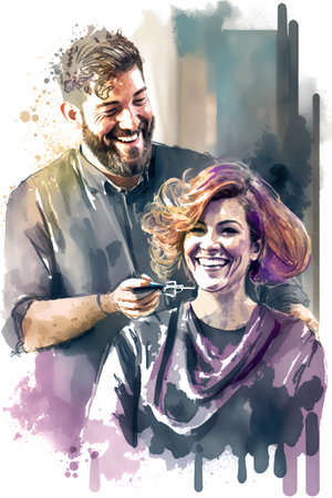 Portrait of a happy couple at the barber shop. Hand drawn illustration.の素材