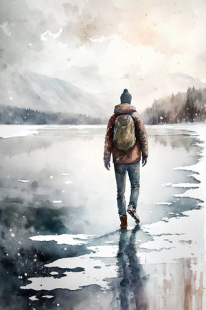 watercolor painting of a man with a backpack walking on a frozen lakeの素材