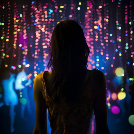 Silhouette of a girl on a background of colorful lights.の素材