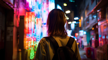 Woman with backpack looking at night city lights. Back view of young woman tourist in the night city.の素材
