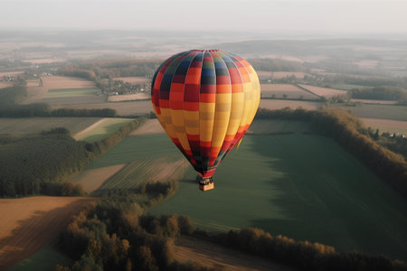 Hot air balloon in the sky over the fields and forests in Polandの素材