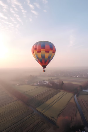Hot air balloon over the fields at sunrise. 3d render.の素材