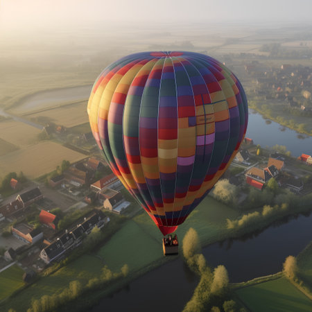 Hot air balloon flying over the village of HÃÂ¶rn in Hollandの素材