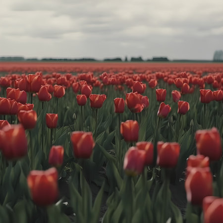 Tulip fields in the Netherlands on a cloudy spring day.の素材