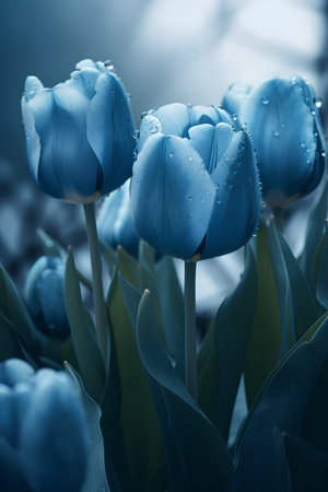 Blue tulips with water droplets on petals. Close up.の素材
