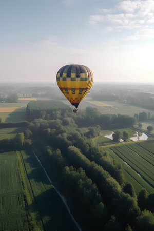 Hot air balloon over the countryside in the morning. 3d renderの素材