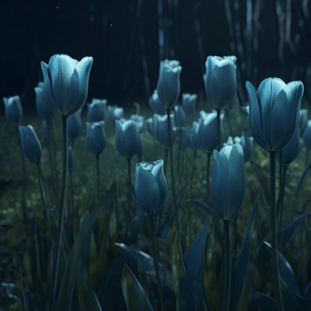 Tulips in the dark forest at night, 3d renderの素材