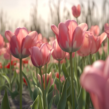 Pink tulips in a field in spring, Holland, Europe.の素材