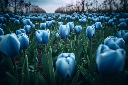 Blue tulips on a field in the Netherlands. Blue tulips on the field.の素材