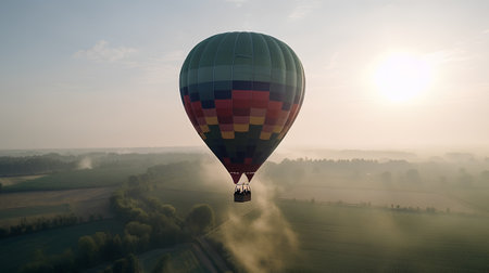 Hot air balloon flying in the morning fog. 3d rendering.の素材