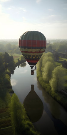 Hot air balloon flying over a canal in the countryside, 3d renderの素材