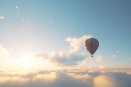Hot air balloon flying above the clouds at sunset. 3d illustrationの素材