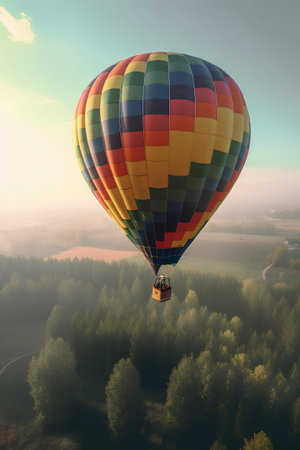 Hot air balloon flying over the forest at sunrise. 3d renderの素材