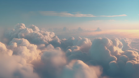 Beautiful aerial view above clouds at sunset. 3d render illustrationの素材