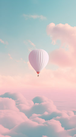 Colorful hot air balloon flying above the clouds. 3D Renderingの素材
