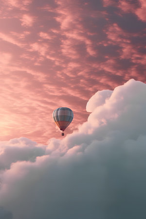 Hot air balloon flying high in the blue sky. 3d renderの素材