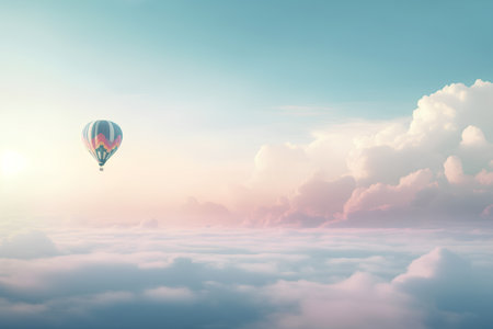 Hot air balloon flying above the clouds. 3D Rendering.の素材