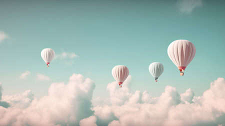 Colorful hot air balloons flying high in blue sky. 3D rendering.の素材