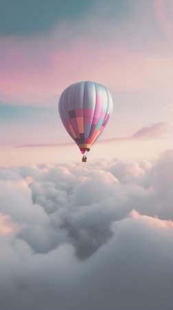Colorful hot air balloon flying over the clouds. 3D Renderingの素材