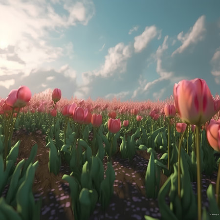 Tulip field with blue sky and clouds. 3d renderの素材