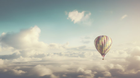 Colorful hot air balloon flying high in blue sky above white cloudsの素材