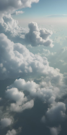 Blue sky with white clouds. View from airplane window. 3d illustrationの素材