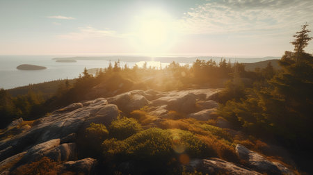 Sunset over the sea. Rocks and firs in the foreground.