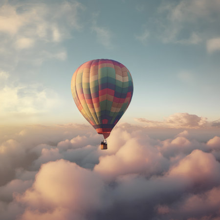Colorful hot air balloon flying over the clouds. 3D renderingの素材