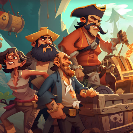 Cartoon scene with pirates and treasure chest - illustration for children.の素材