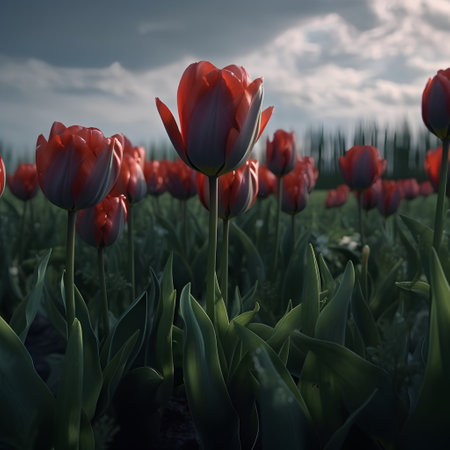 Red tulips in the field. Beautiful spring flowers. Toned.の素材
