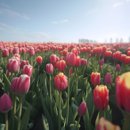 Tulips in an agricultural field on a sunny day in springの素材