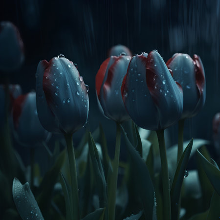 Beautiful tulips with drops of dew on a dark backgroundの素材