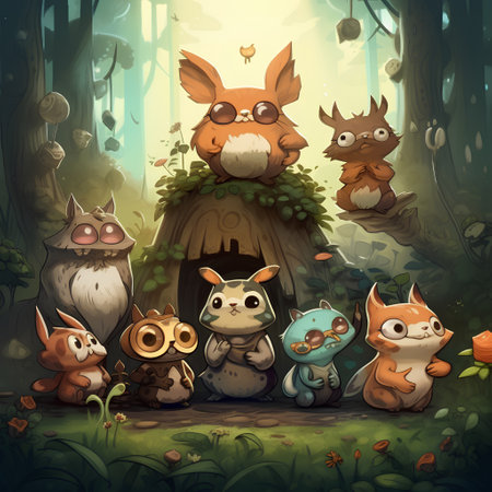 Illustration of a group of animals in the forest on a dark backgroundの素材
