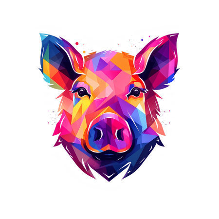 Colorful low poly pig head isolated on white background. Vector illustration.の素材