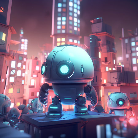 Robot on the background of the city. 3D rendering.の素材