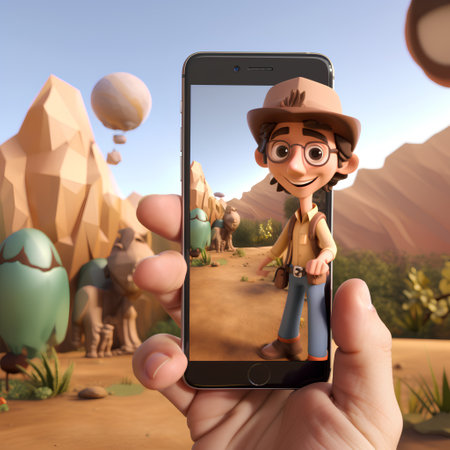 Hands holding a smartphone with a cartoon man in the desert.の素材