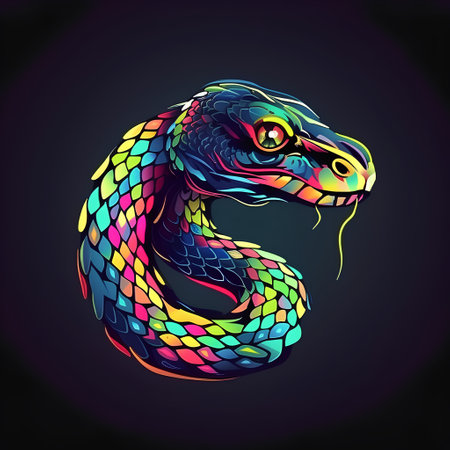 Colorful snake head on dark background. Vector illustration for your designの素材