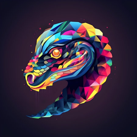 Colorful dragon head isolated on dark background. Vector polygonal illustration.の素材
