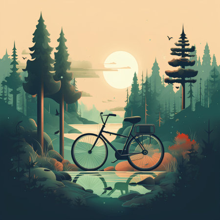Bicycle on the lake in the forest at sunset. Vector illustration.の素材
