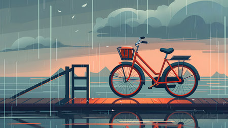 Bicycle on the pier. Rainy day. Vector illustration.の素材