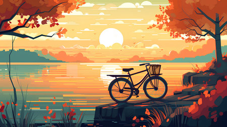 Autumn landscape with bicycle on the lake shore. Vector illustration.の素材