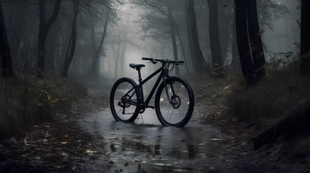 Bicycle in a dark foggy autumn forest. Bicycle in the rain.の素材