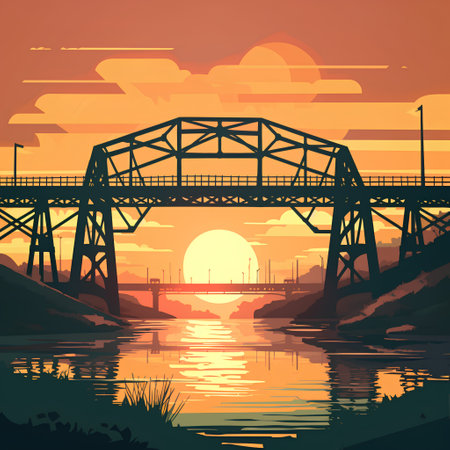 Railway bridge over the river at sunset. Vector illustration in a flat style.の素材