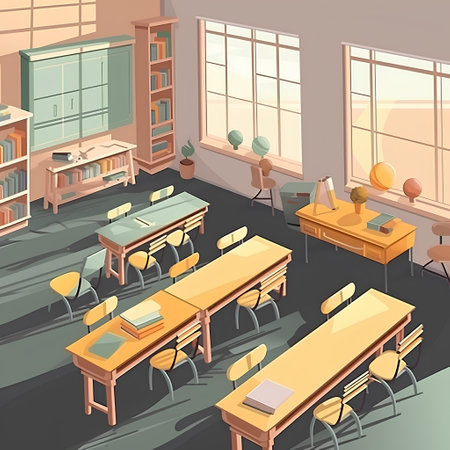 Illustration of a school classroom with tables, chairs, books and chairsの素材