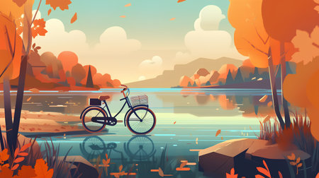 Autumn landscape with lake, forest and bike. Vector illustration.の素材
