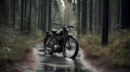 Cyclist in the rain on the road in the pine forestの素材