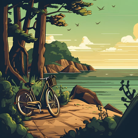 Bicycle on the coast of the sea. Vector illustration in cartoon styleの素材