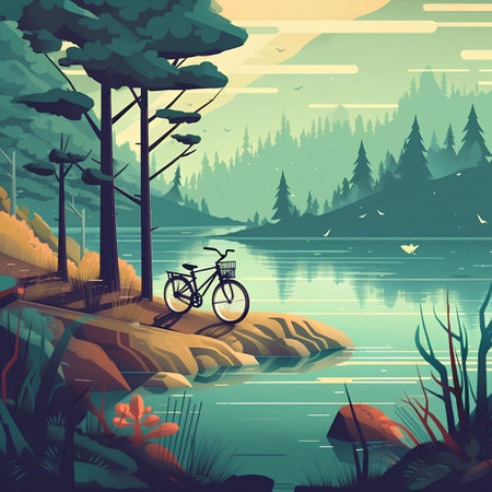 Landscape with lake, forest and bicycle. Cartoon vector illustration.の素材